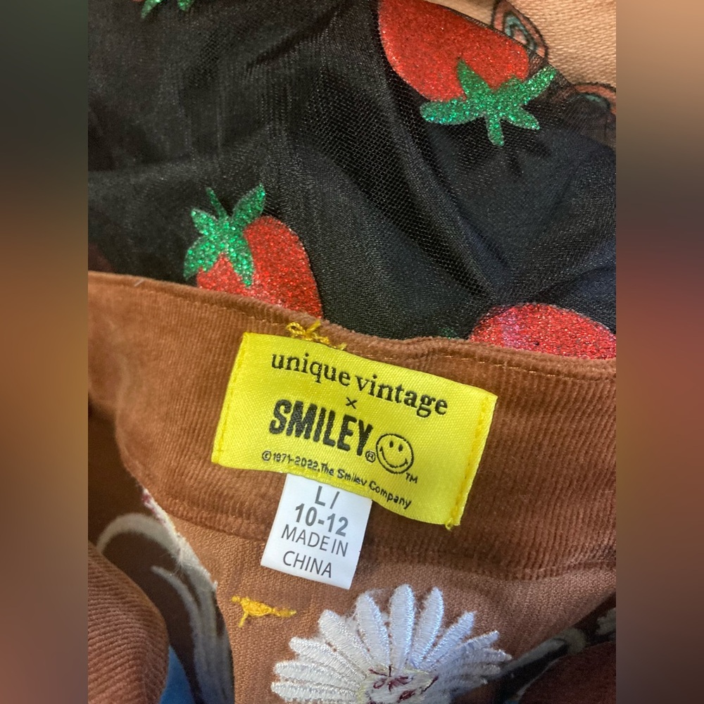 Unique Vintage X Smiley Cotton Blue & Brown Embroidered Flare Pants Large - Picture 12 of 14